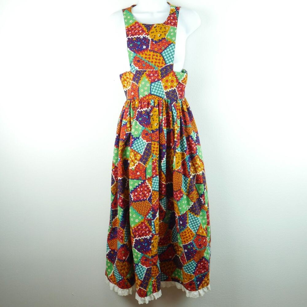 Vintage 70s Pinafore Maxi Dress Apron Patchwork XS S Cottagecore Prairie Ruffle - Picture 1 of 8
